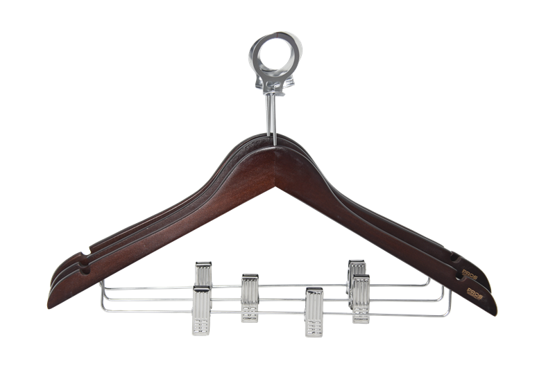 wood hanger with anti-theft ring &clips for hotel
